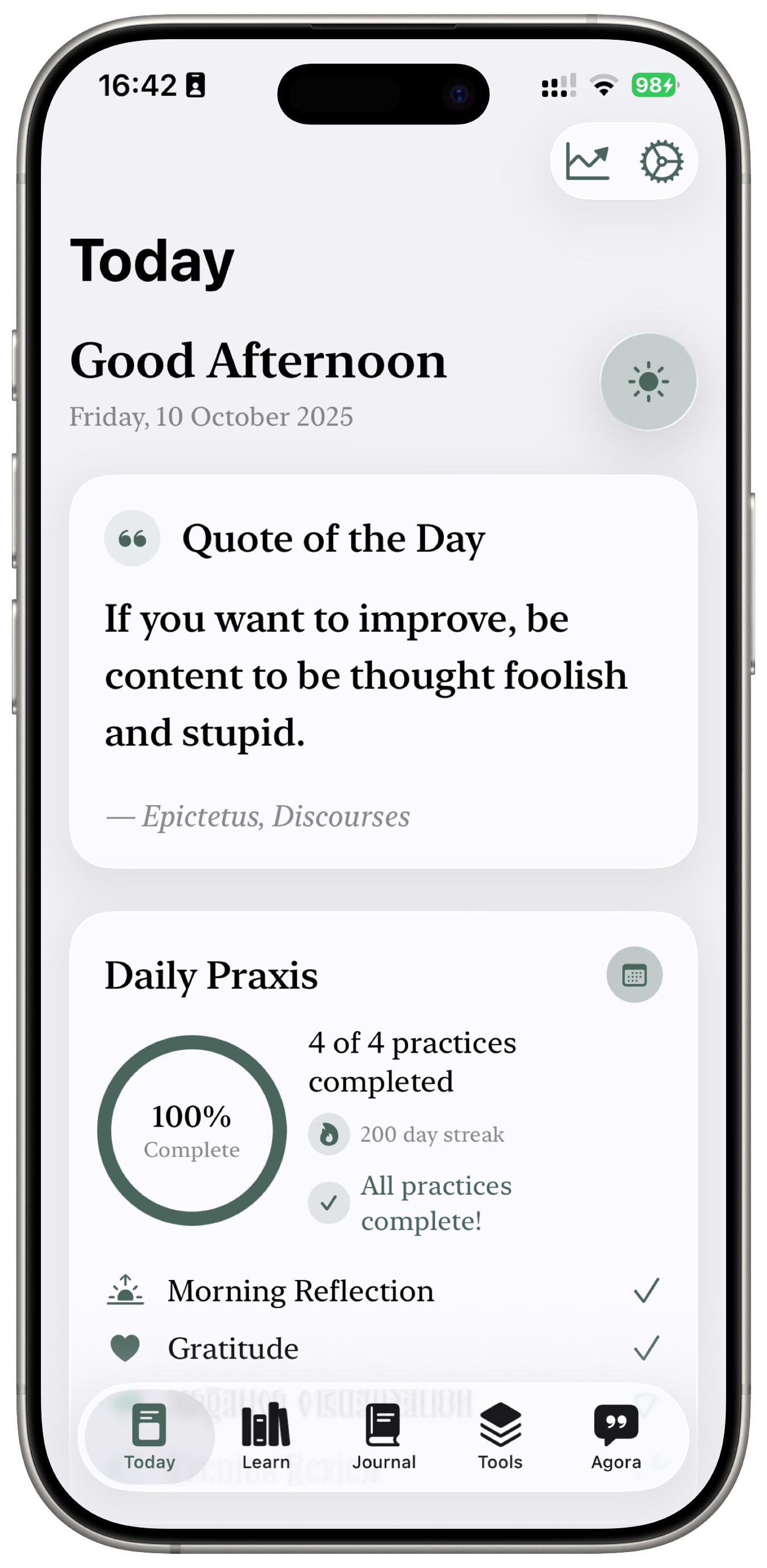 Praxis iOS app - A journaling app that guides users through Stoic philosophy with a thoughtfully designed visual system reflecting mindfulness and clarity.