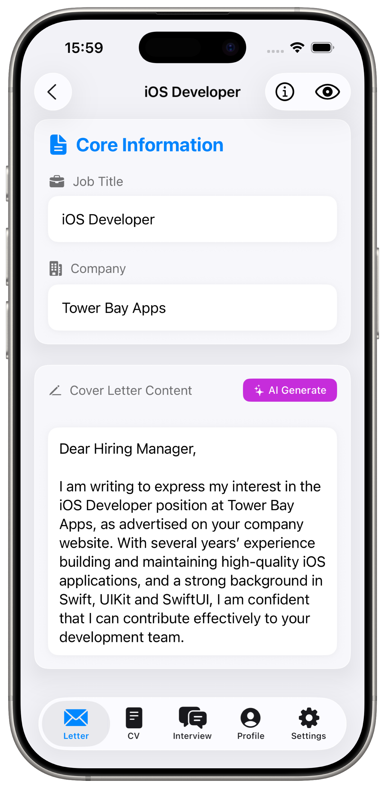 Resumace iOS app - Cover Letter, CV, and Interview Prep AI assistant.